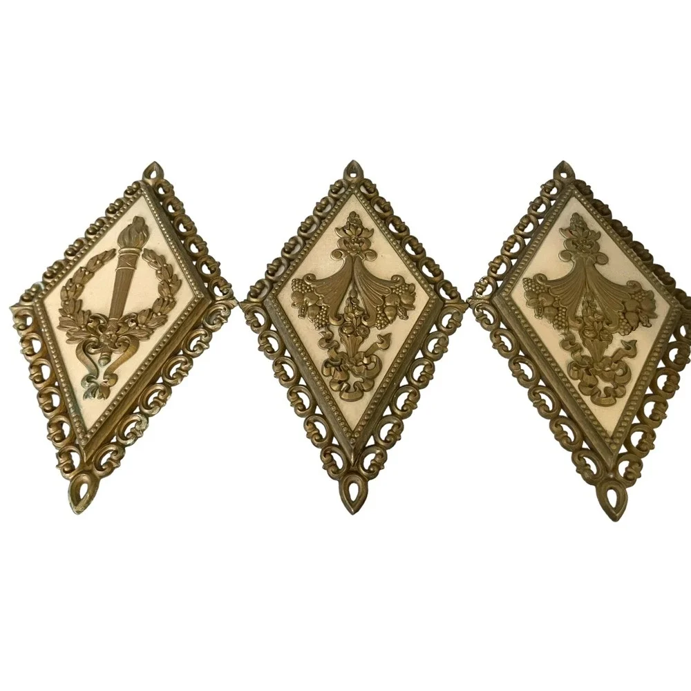 3 Vintage MCM Homco Syroco Gold Diamond Shape Wall Decor Plaques USA READ‎ DESC